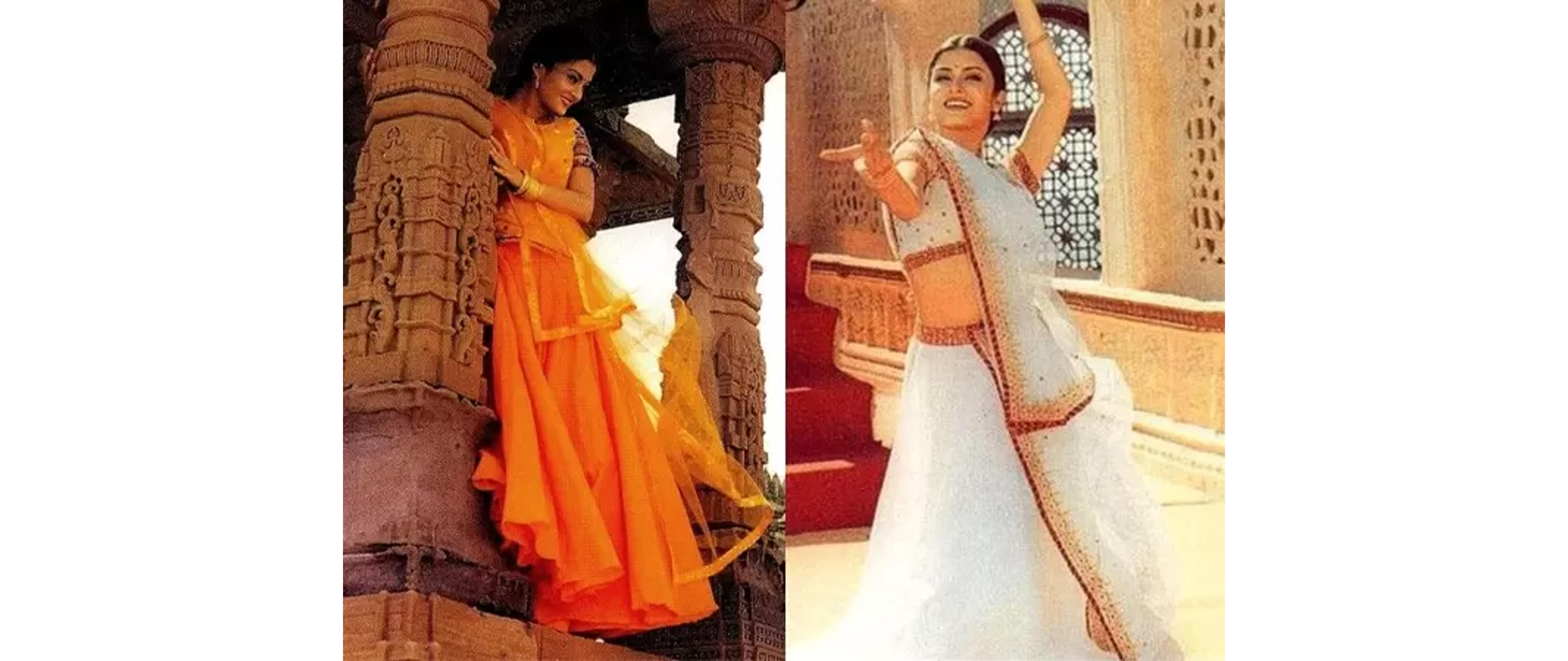 Sarees underwent a transformation, featuring deep-cut blouses and noodle straps for suits. Aishwarya Rai dazzled in 'Hum Dil De Chuke Sanam' with her stunning choli and ghagra combination, and also embraced the saree look with grace in subsequent years of the decade.