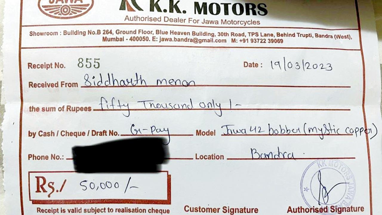 Siddharth Menon and the receipt he was provided