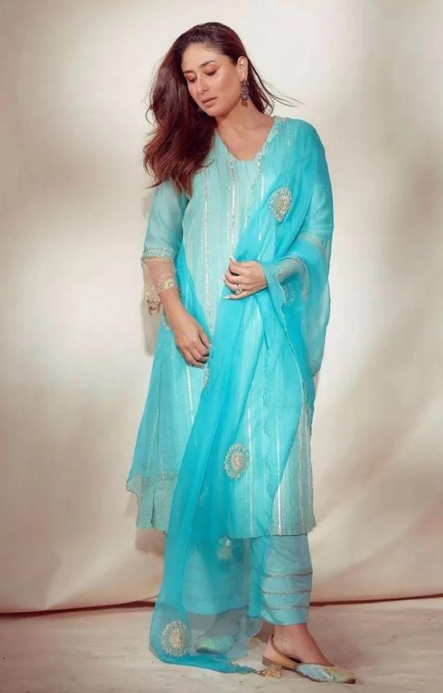 7010 Kareena Kapoor's white-green-turquoise patiala dress – Shama's  Collection