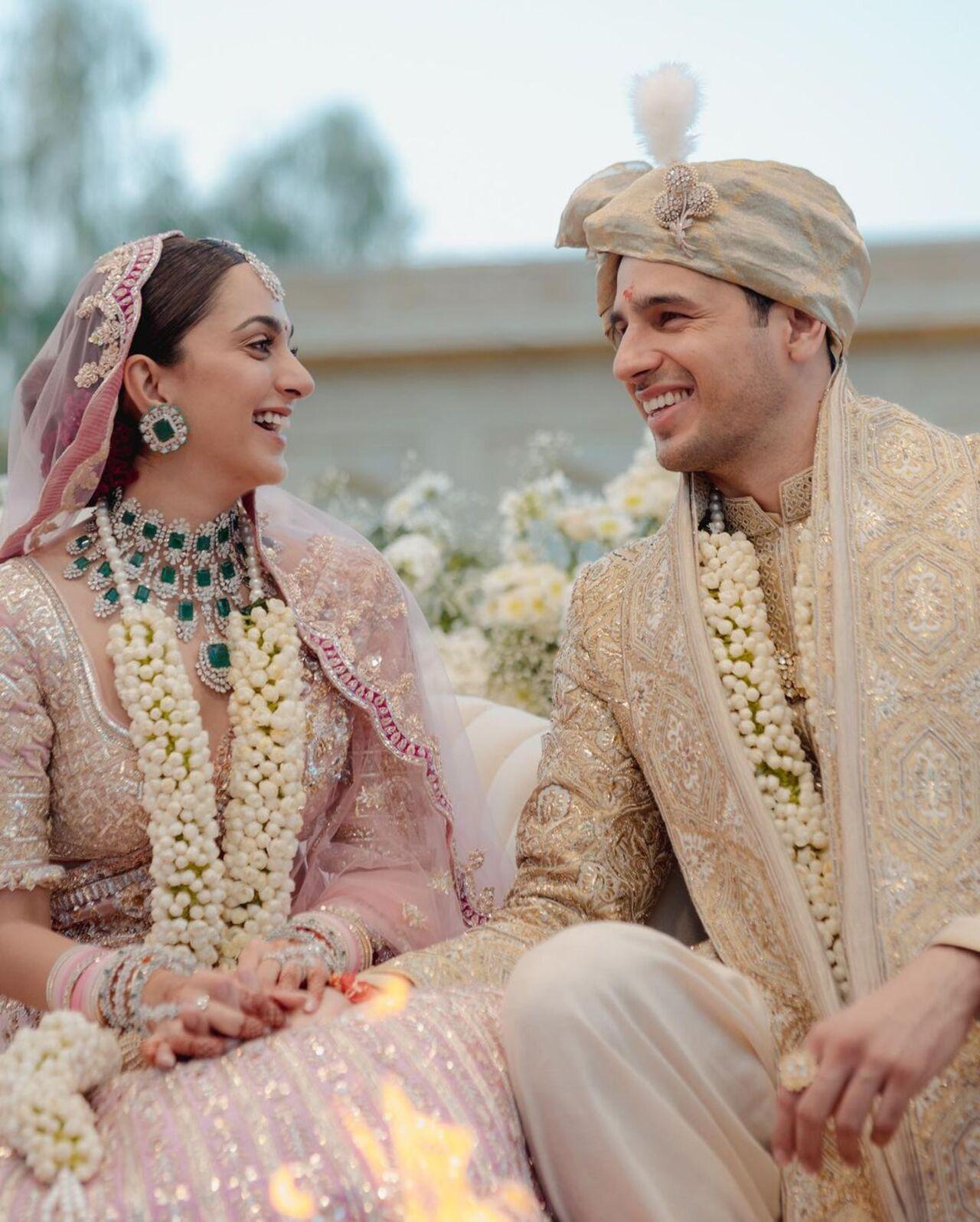 Kiara Advani was a Manish Malhotra bride. She wore an empress rose ombre lehenga with emerald jewellery from the designer's collection. Her outfit had details of Roman architecture 