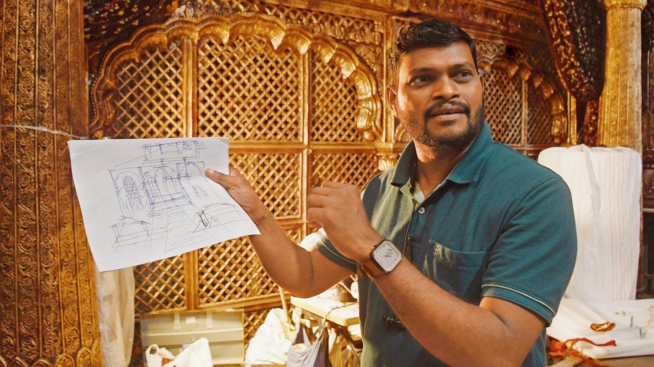 Sachin Panchal shows us the last sketch made by Nitin Desai for this year’s Lalbaugcha Raja,  marking Chhatrapati Shivaji Maharaj’s 350 years of coronation. Pic/Ashish Raje