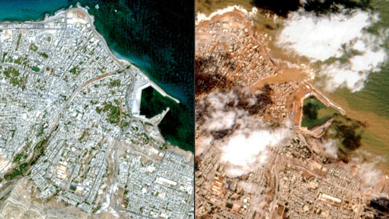 Satellite images show the city of Derna before and the floods and after