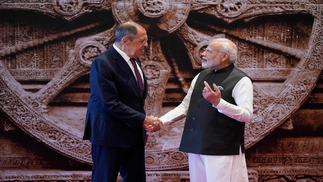 Prime Minister Narendra Modi welcomes Russian Foreign Minister Sergei Lavrov upon his arrival at Bharat Mandapam convention center for the G20 Summit, in New Delhi, India, Saturday, Sept. 9, 2023. 