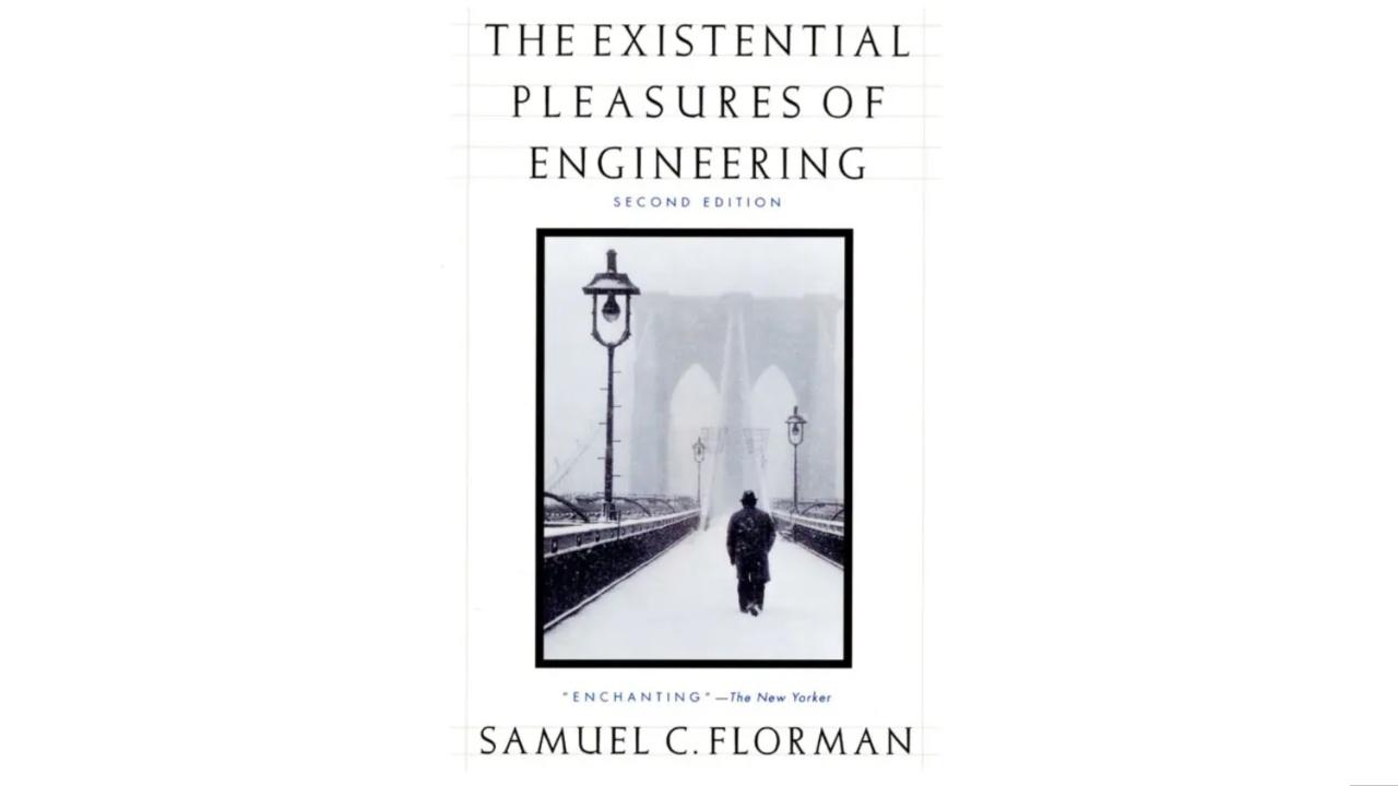 The Existential Pleasures Of EngineeringWhile houses, monuments, temples and roads are aimed at creating convenience, they are also admired as art. In this book, author Samuel Florman explores how engineers think and feel about their work. Florman believes that engineering responds to deep human instincts and offers satisfaction in both spiritual and sensory ways. He rejects the idea that technology is a bad thing and presents an enjoyable view of engineering.