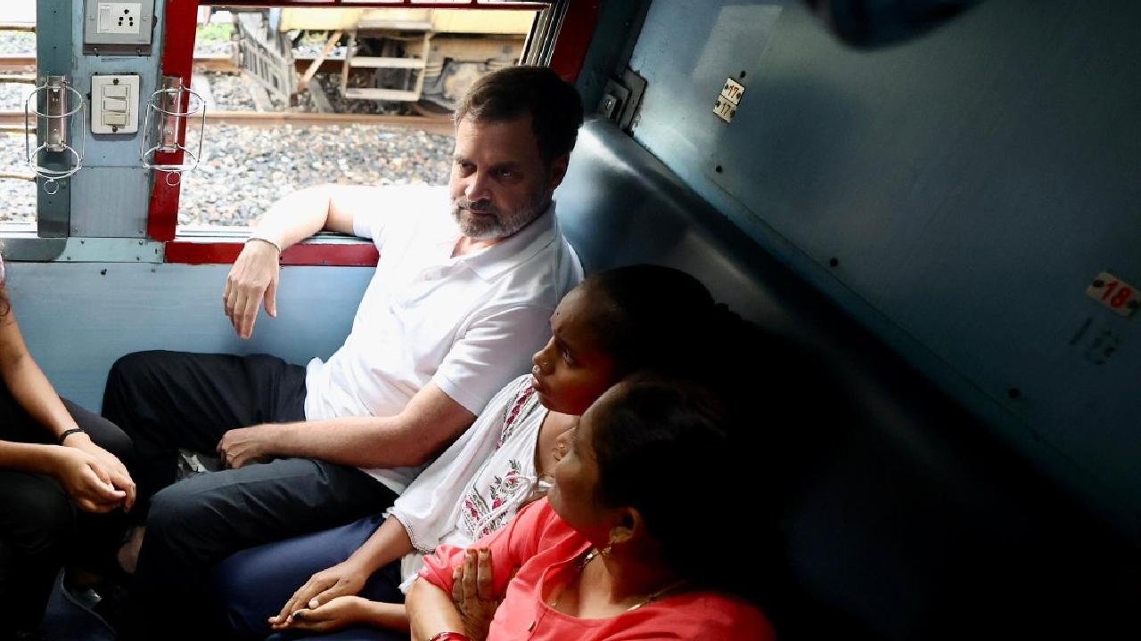 In photos shared by the Congress on X, Rahul Gandhi was seen interacting with passengers in the train