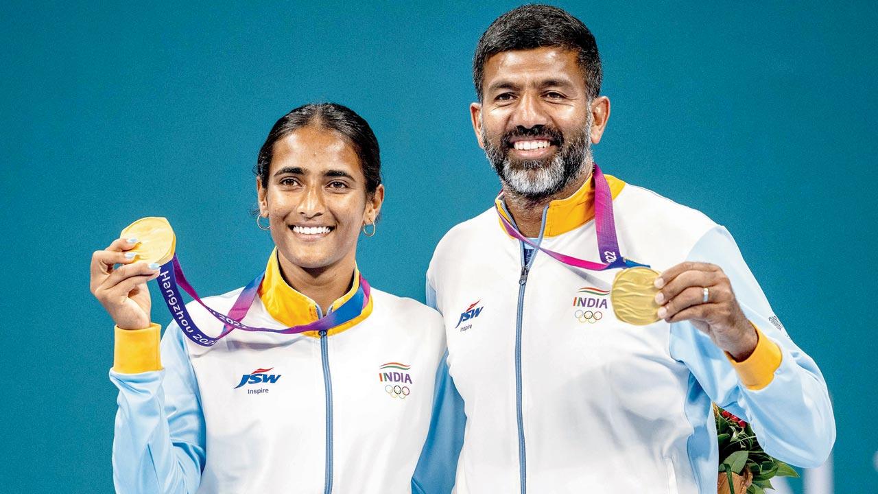 The duo with their gold medals at Hangzhou, China, on Saturday. Pics/PTI, AFP