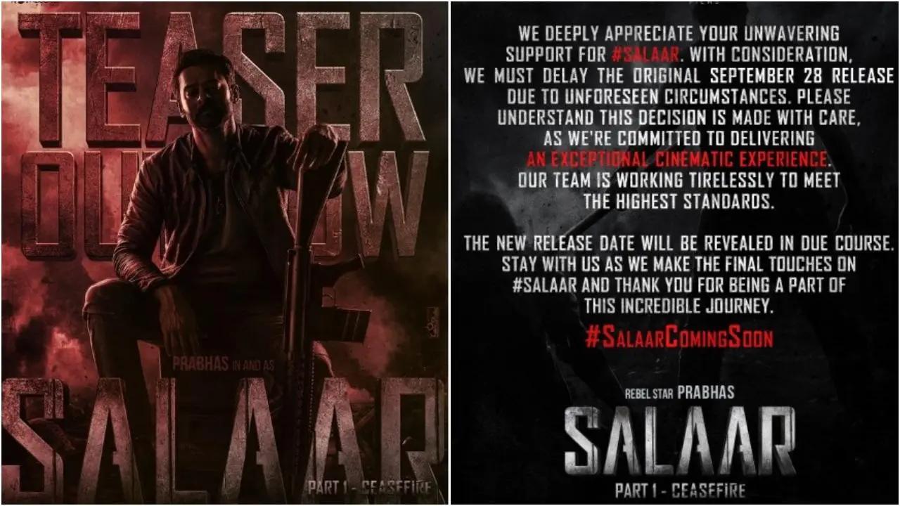 Prabhas starrer Salaar Part 1 Ceasefire release date has been postponed, Hombale films said in a statement today. The film was supposed to be released on September 28. Read More