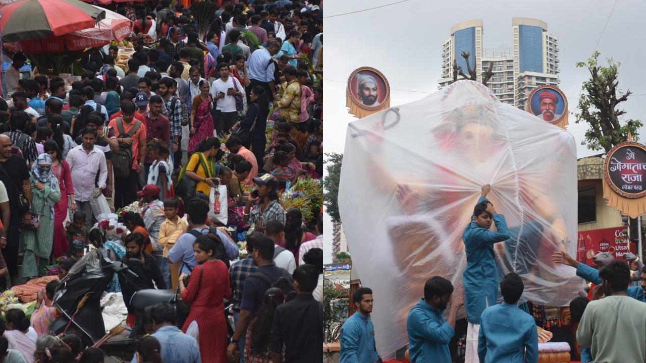Crowd in Mumbai markets ahead of the 10-day festival (L) and devotees carrying lord Ganesha idol to their pandal (R) (Photo/Ashish Raje)