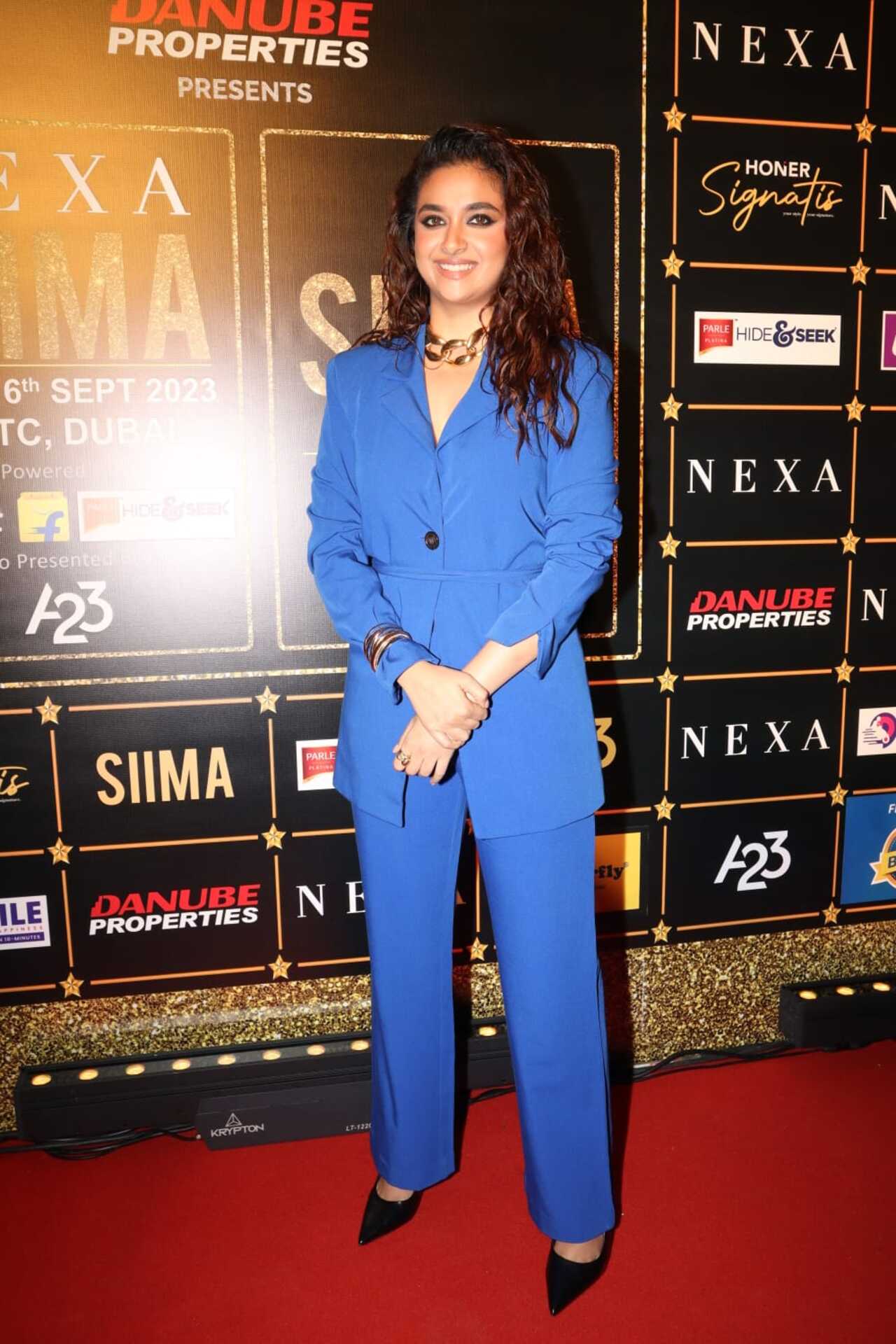 Keerthy Suresh channeled her boss lady vibes in a sky-blue suit and bold eye makeup. She won the Best Actress Critics for her performance in the Tamil film 'Saani Kaayidham'