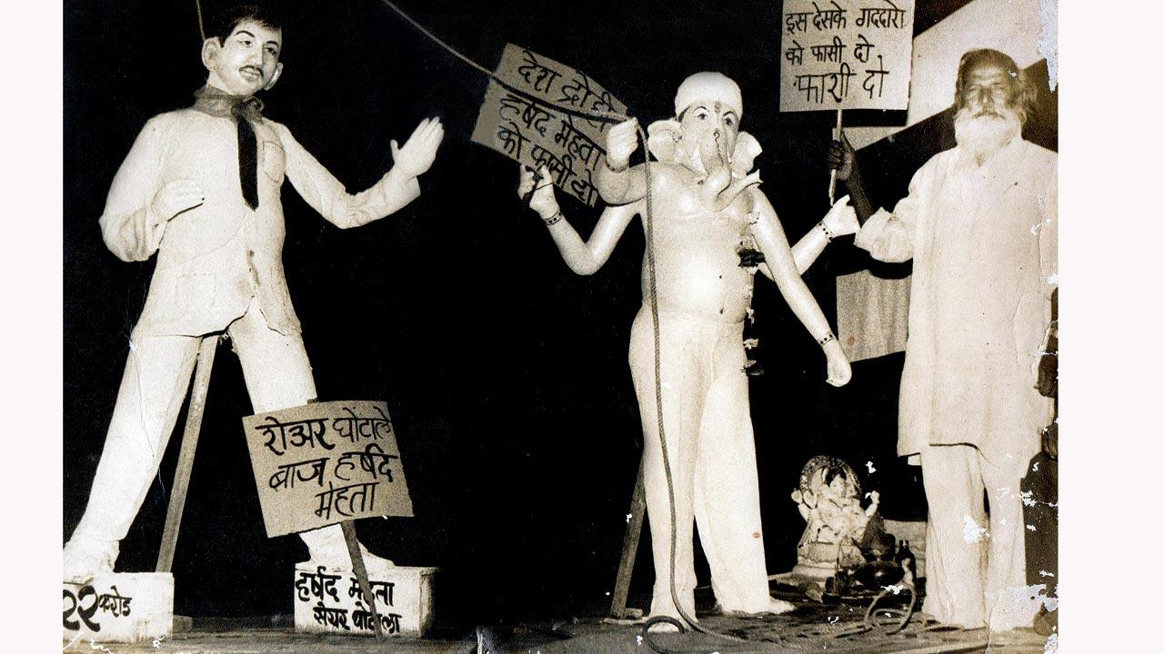 Late Gulab Maniram Puri (right), who initiated the tradition of mounting a tableau during Ganeshotsav, seen on stage with a Lord Ganesh idol calling for action against scamster Harshad Mehta 