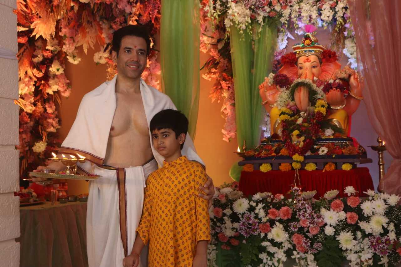 Tusshar Kapoor ringed in the festivity with a Ganpati puja at his Mumbai home along with his son