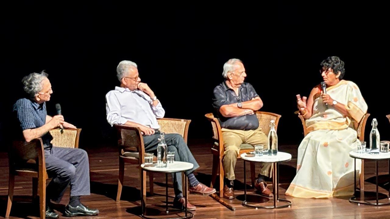 Former Test spinner Erapalli Prasanna (second from right) in conversation with  sports writer Sharda Ugra (extreme right) as historian Ramachandra Guha  (extreme left) and Wisden India Almanack editor Suresh Menon look on at the  Bangalore International Centre recently. Pic/Clayton Murzello
