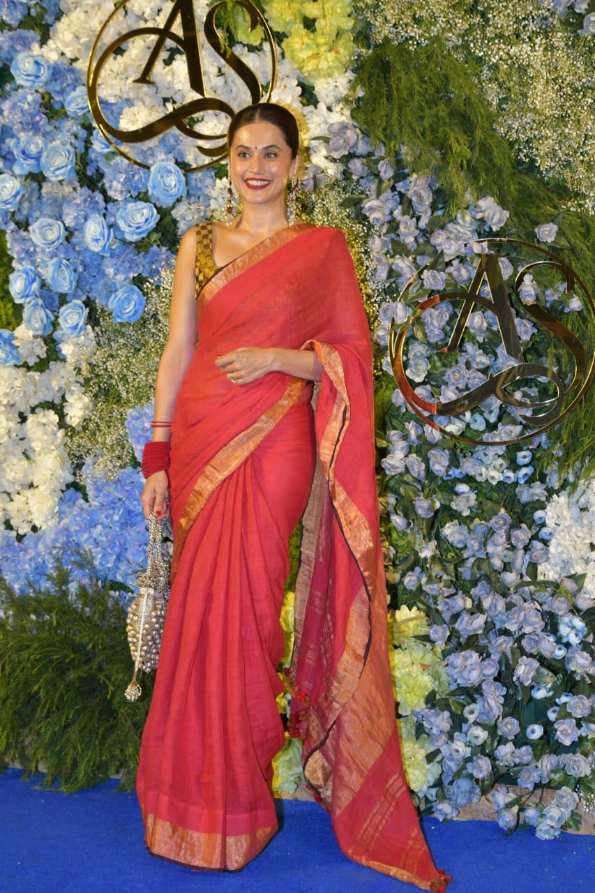 Taapsee Pannu made her first-ever media appearance after getting married as she attended Anand Pandit’s daughter’s reception