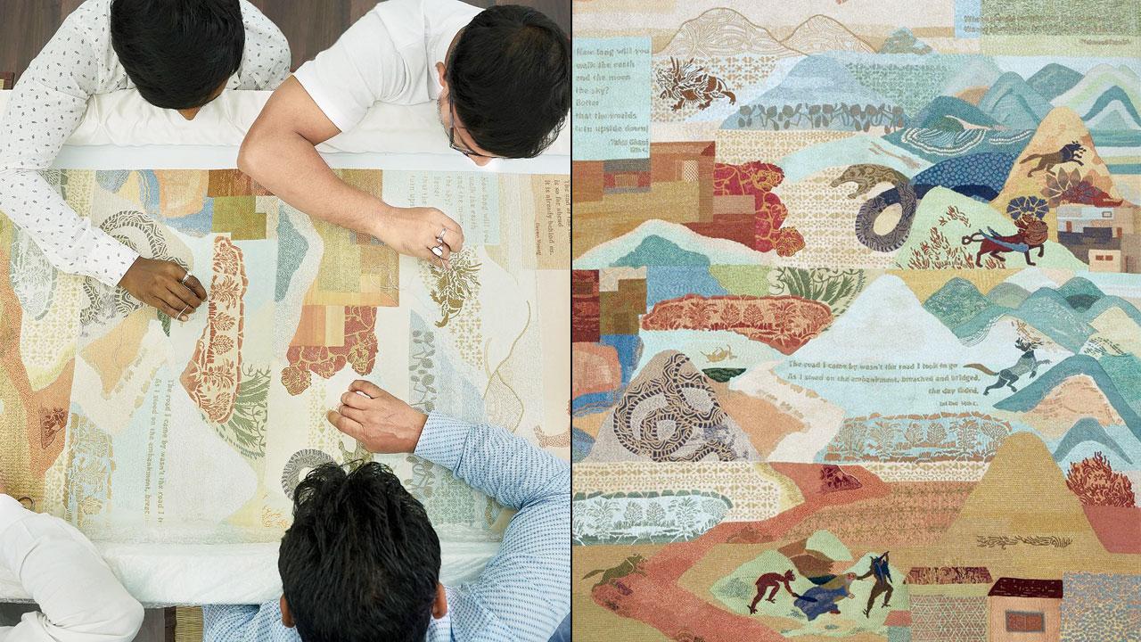 Artisans embroider the details of (right) the canvas Across Land by Nilima Sheikh