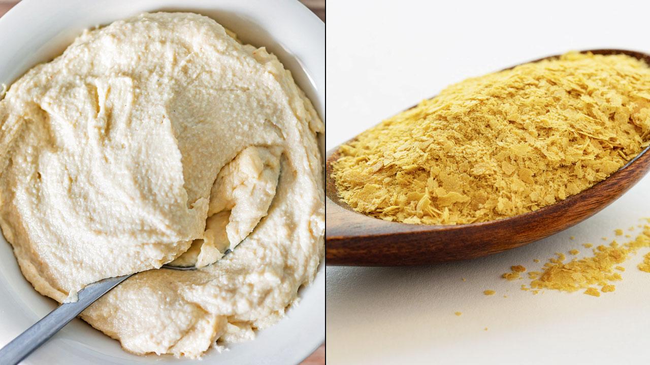 (Left) Cashew cheese is made from soaked cashews blended with lemon juice and spices; (right) nutritional yeast can be used to add a cheesy flavour to your dishes and sauces
