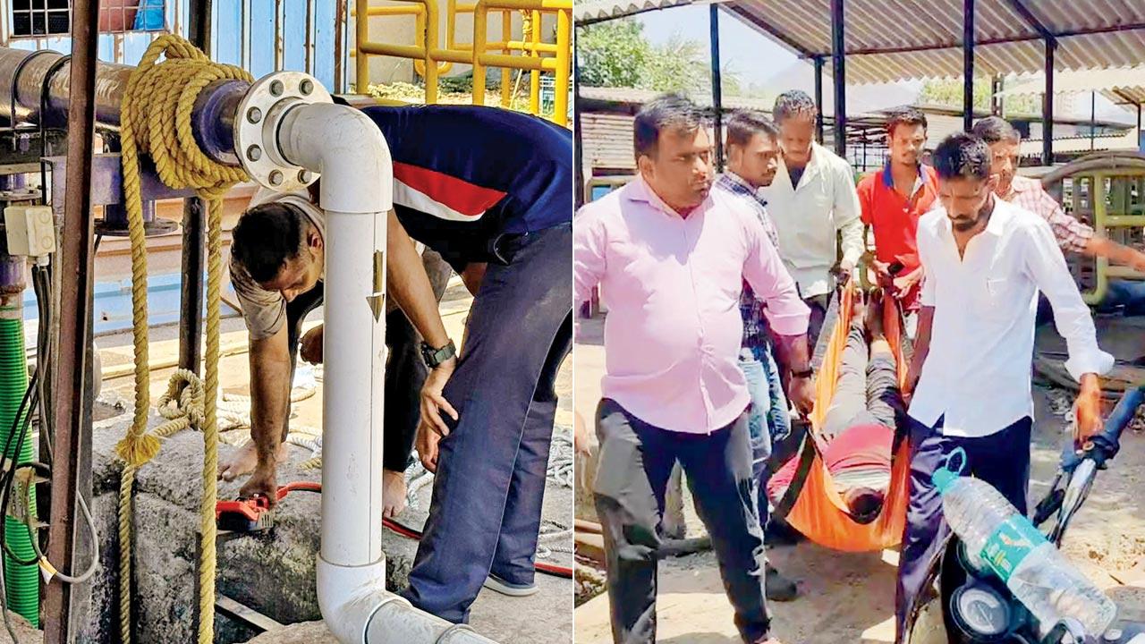 The sewage treatment plant at Virar, which is said to be 25-30 feet deep; (right) The bodies being taken away from the site on Tuesday. Pics/Hanif Patel