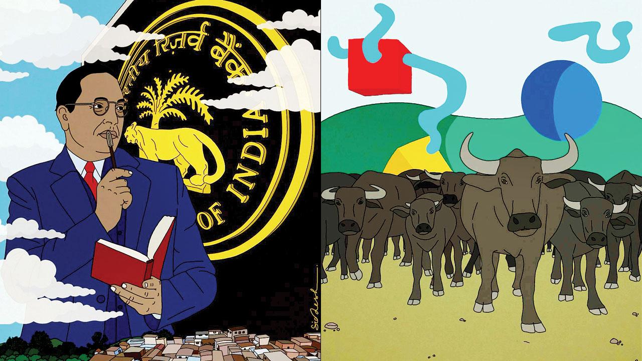 Dr Ambedkar laid groundwork for RBI; (right) Gautam’s artwork compares a Dalit to a buffalo