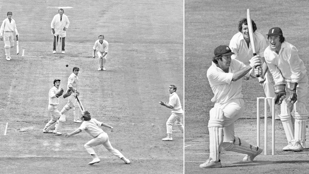 England wicketkeeper Alan Knott and slip fielder John Edrich watch as Richard Hutton moves to catch India’s Ashok Mankad off Derek Underwood at the Oval in London in 1971; (right) The writer plays a leg-side shot off England’s Derek Underwood during the fourth Test at the Oval in 1975. Pics/Getty Images