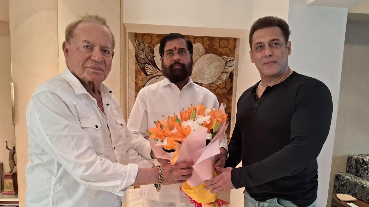 Salman Khan and Salim Khan with CM Shinde on Tuesday. Pic/CMO