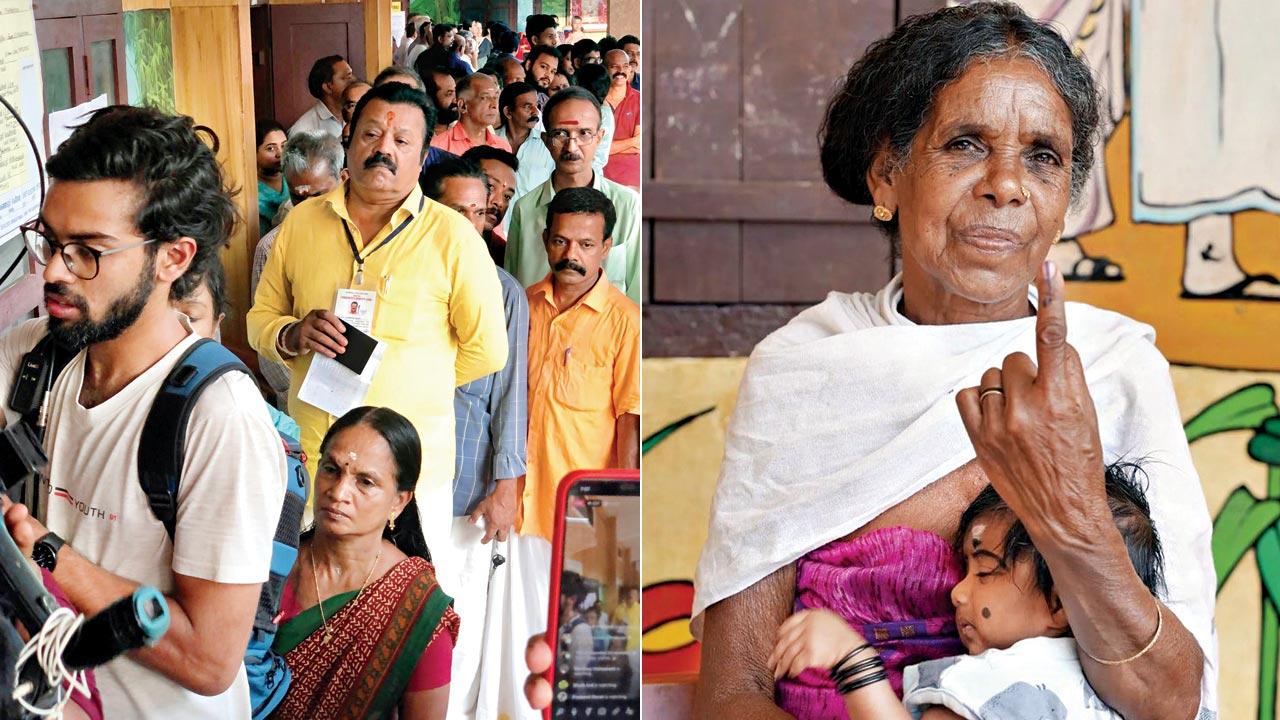 Actor and BJP candidate Suresh Gopi waits in a queue at the polling centre in Thiruvananthapuram; (right) An elderly woman proudly displays her inked finger in Wayanad 
