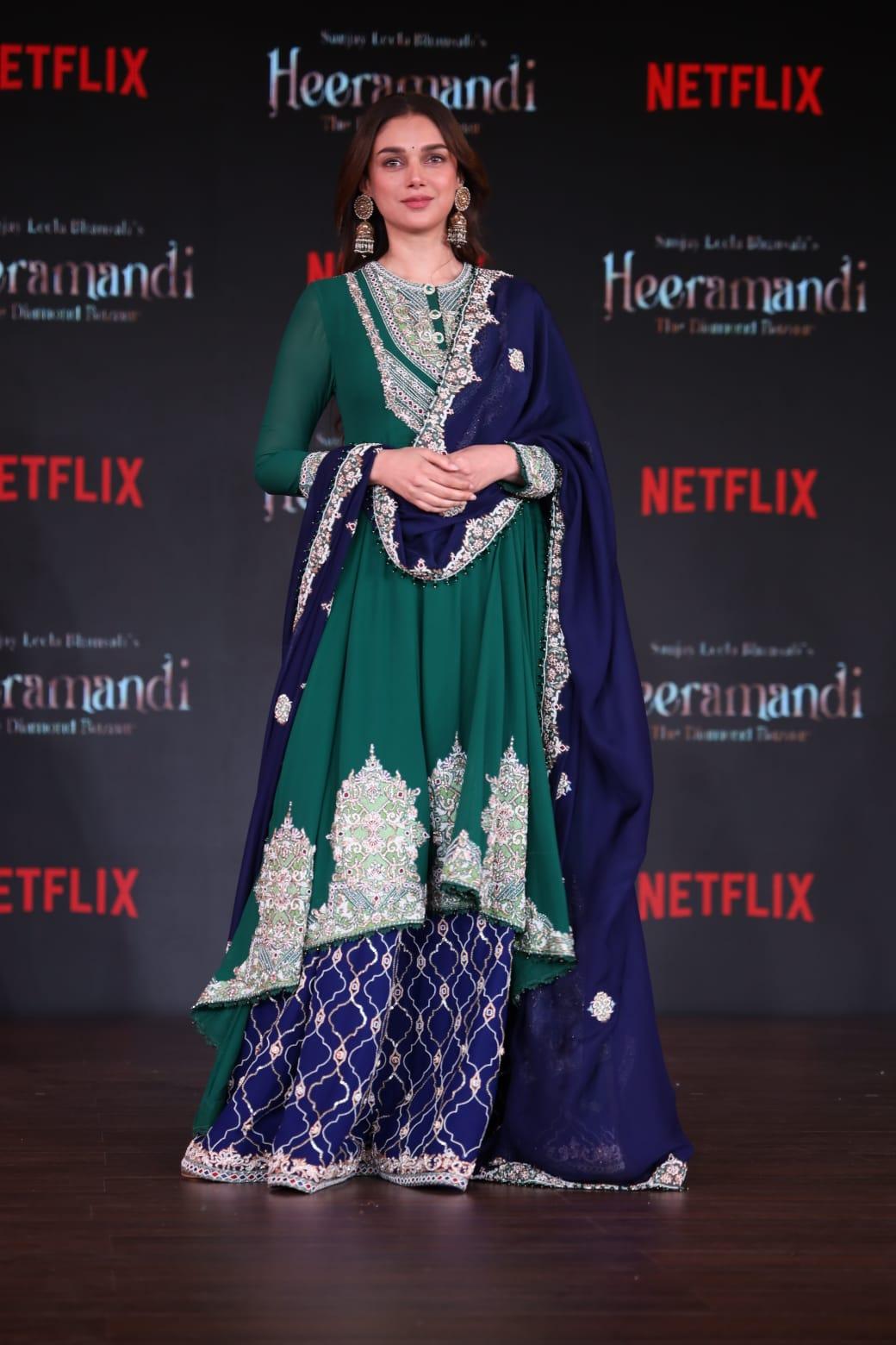 Aditi Rao Hydari, who recently got engaged to long-term boyfriend Siddharth, was seen wearing a heavy suit at the Heeramandi trailer launch event