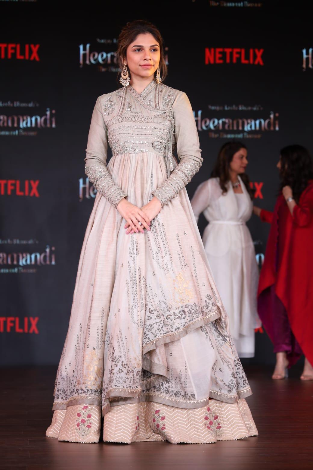 Sharmin Segal, who also plays a pivotal role in the film, was present at the event. The actress wore a heavily embroidered ethnic outfit for her look of the day