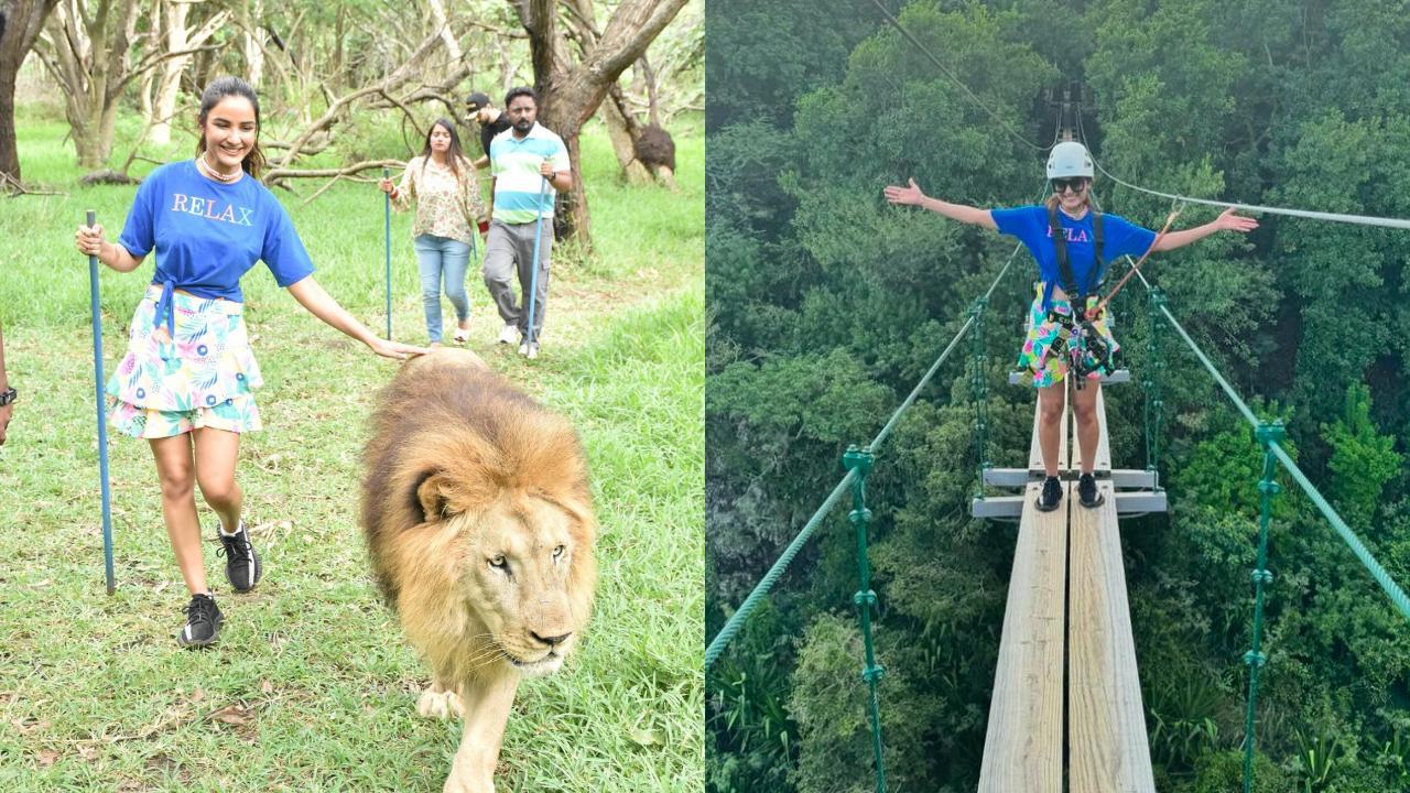 Jasmine Bhasin poses with lion, enjoys ziplining at Mauritius wildlife park