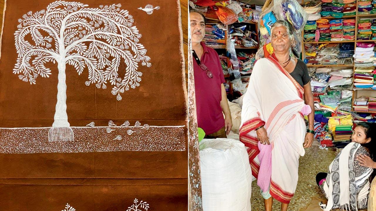 Artwork by Rajendra Chaudhari; (right) A Warli woman draped in traditional attire