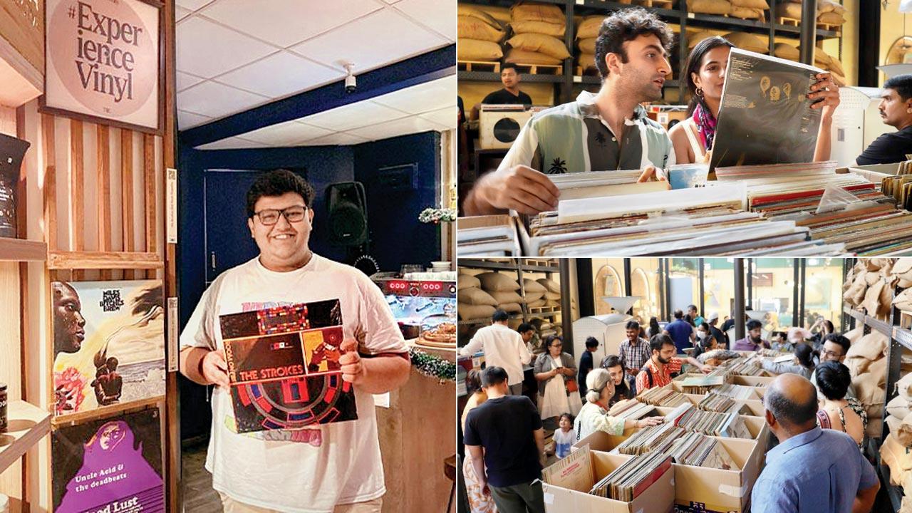 Rohan Mehta; Members examine a vinyl cover; attendees browse through record collections