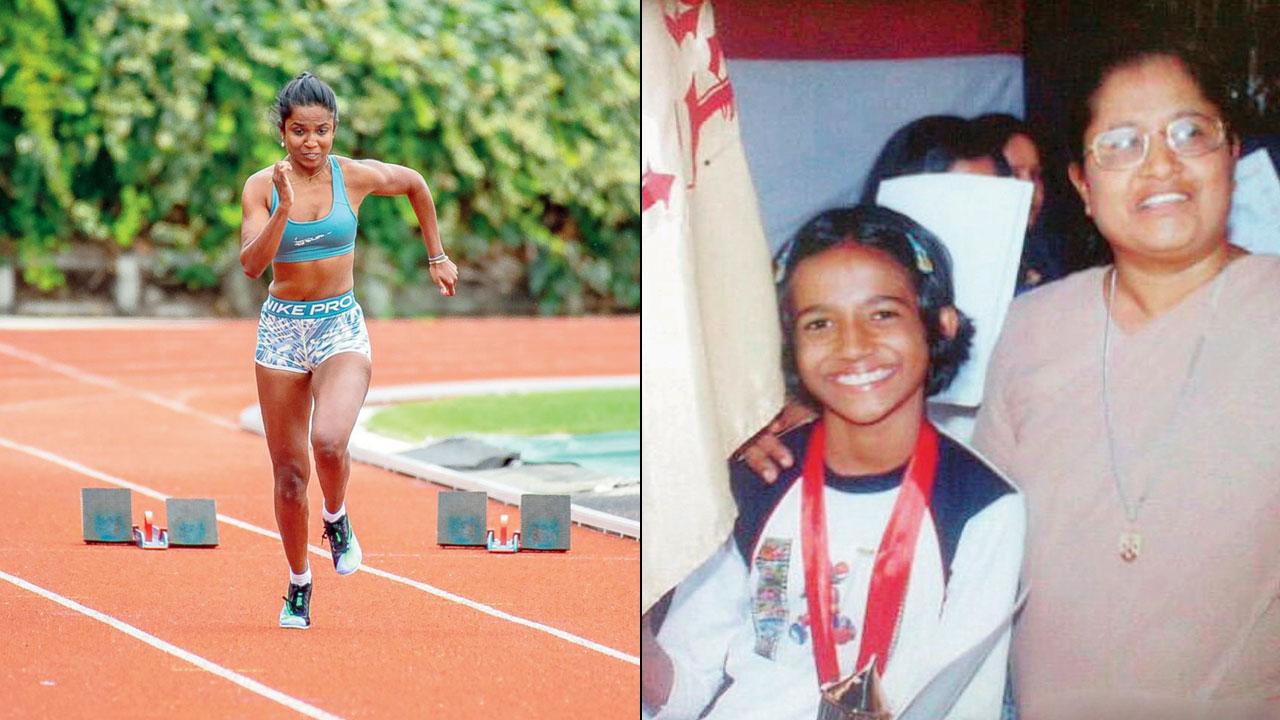 Andriete Rodrigues at an athletics meet in New Zealand; (right) as a young girl at Carmel St Anthony School in Malad