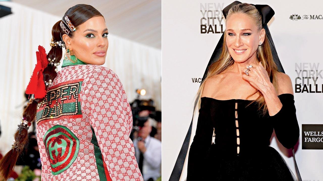 Ashley  Graham sports  crystal barrettes. Pic courtesy/Getty Images; (right) ← Sarah Jessica Parker with her floor length bow. Pic Courtesy/Instagram