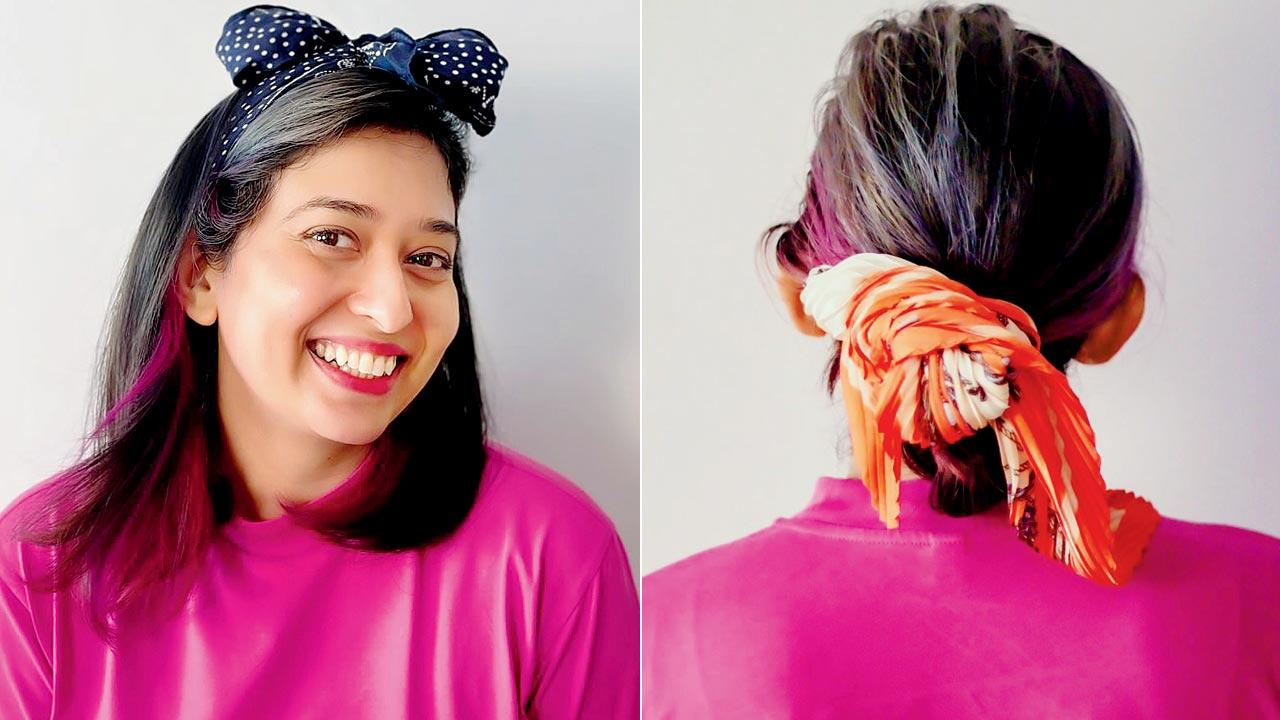 Drishya Bhagyanath in a scarf bow; (right) Dress up your messy bun with a scarf. Pics Courtesy/Rahul Takshak