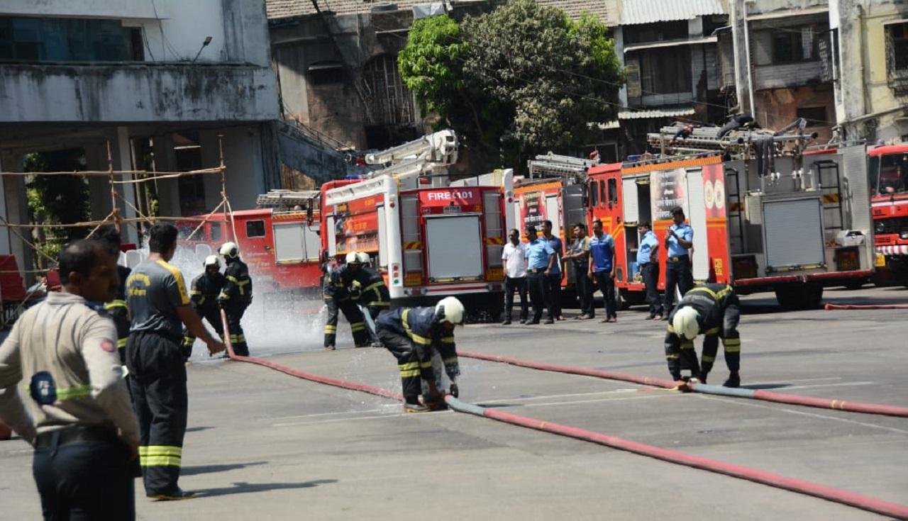 Firemen's perform in fire trailer pump drill during the annual drill competition held at Byculla Fire brigade headquarters 