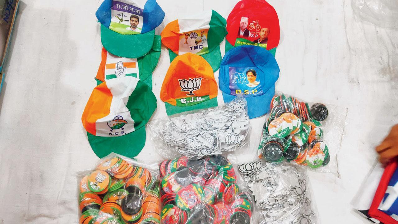 Caps and badges used for campaigning; Masks of major political figures. Pics/Diwakar Sharma