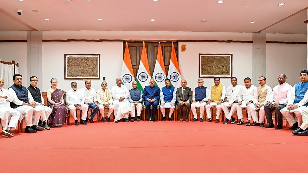 Rajya Sabha Chairman Jagdeep Dhankhar poses for group photos with newly sworn-in Rajya Sabha members and others. Pics/PTI