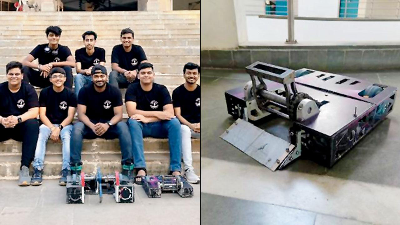 The robot that competed in the 8 kg category (right) the team of students