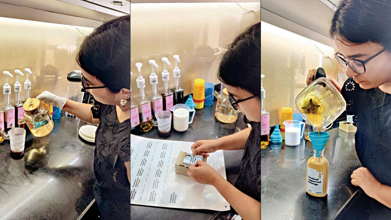 (Left) Ruchita Sitlani prepares coffee in her home kitchen (Middle) The labels are pasted to the bottles using a template (right) The coffee is finally poured into the pint-sized bottles