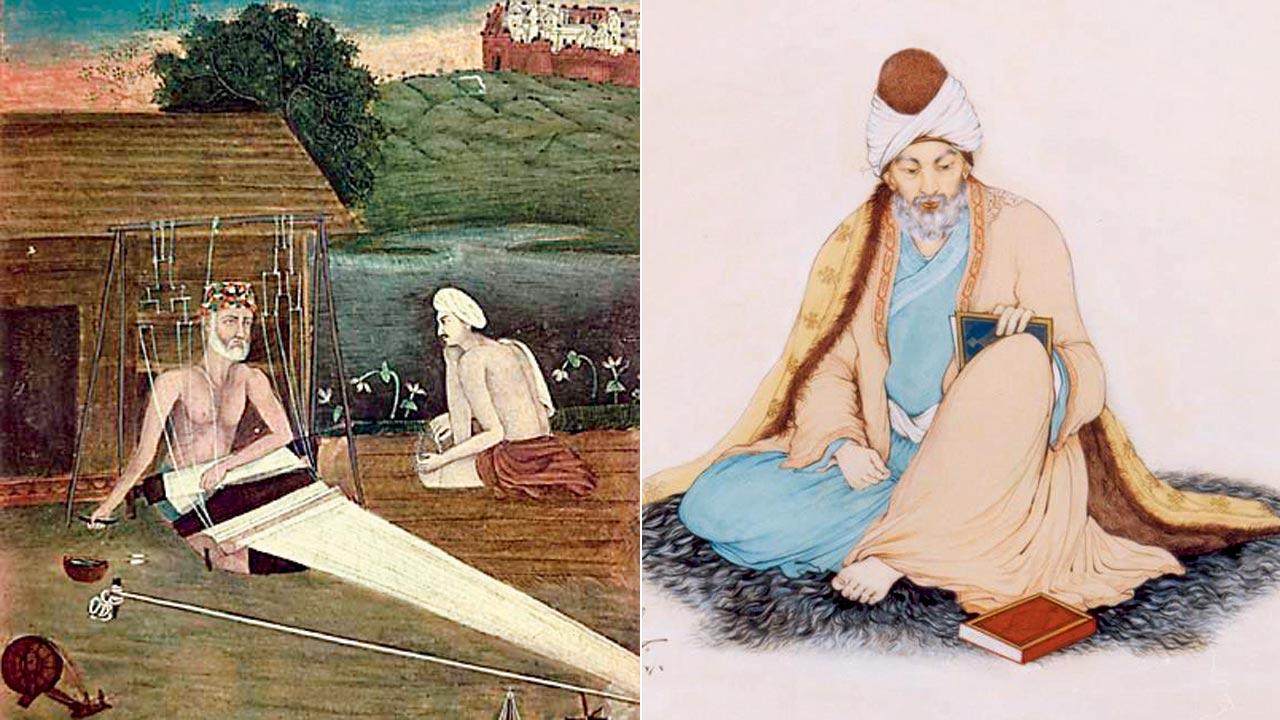 A painting of Kabir weaving (1825); (right) Rumi, by Iranian artist Hossein Behzad (1957). Pics Courtesy/Wikimedia Commons
