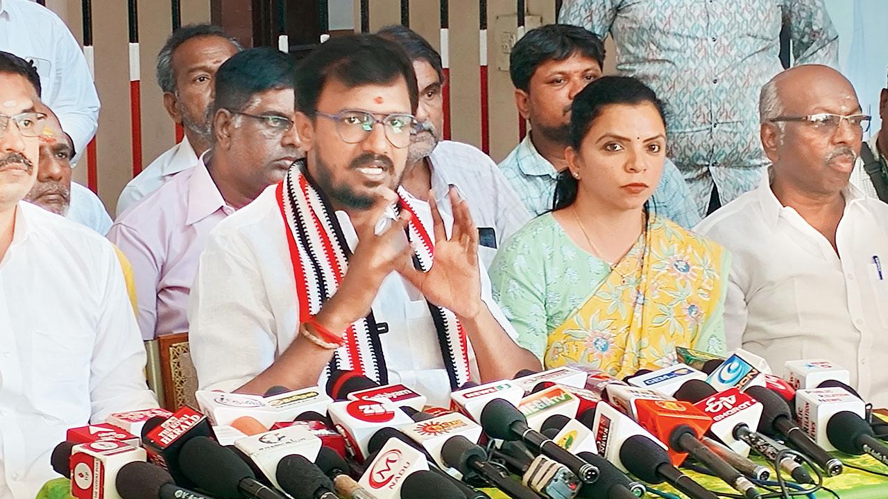 AIADMK’s Coimbatore candidate Singai Ramachandran addresses the media to deny accusations and slights flung by BJP rival K Annamalai on Saturday. Pics/Krishnakumar Padmanabhan
