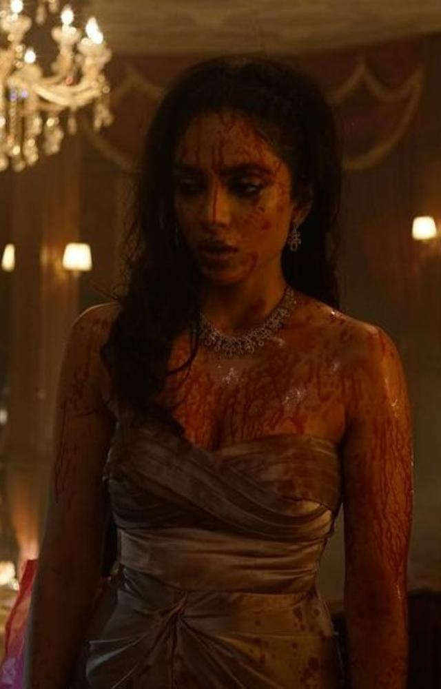 The BTS pictures show Sobhita covered in blood as she shoots for the film