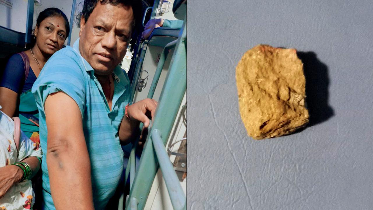 A man who was injured from the stone-throwing (right) one of the stones that landed inside the train. Pics/Navneet Barhate