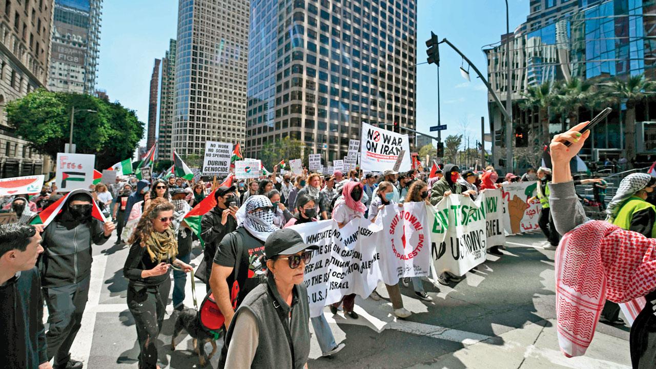 Demonstrators in Los Angeles rally during a ‘Strike for Gaza’ protest calling for a permanent ceasefire. Pic/AP