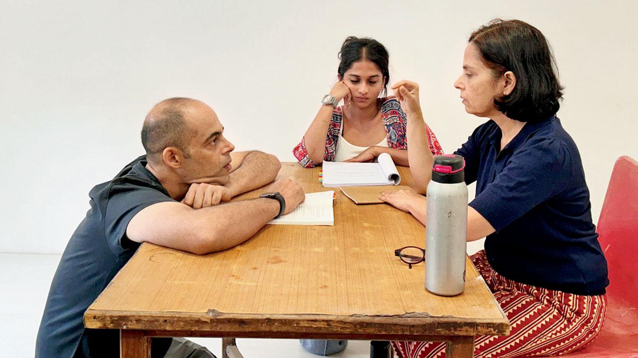 Takalkar (left) discusses a scene with Hanspal and Misra
