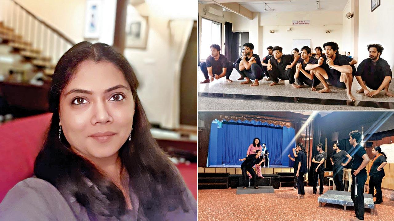 Irawati Karnik; Aa rehearsal of Mitti Ki Gaadi; Sapan Saran (in pink) directs students