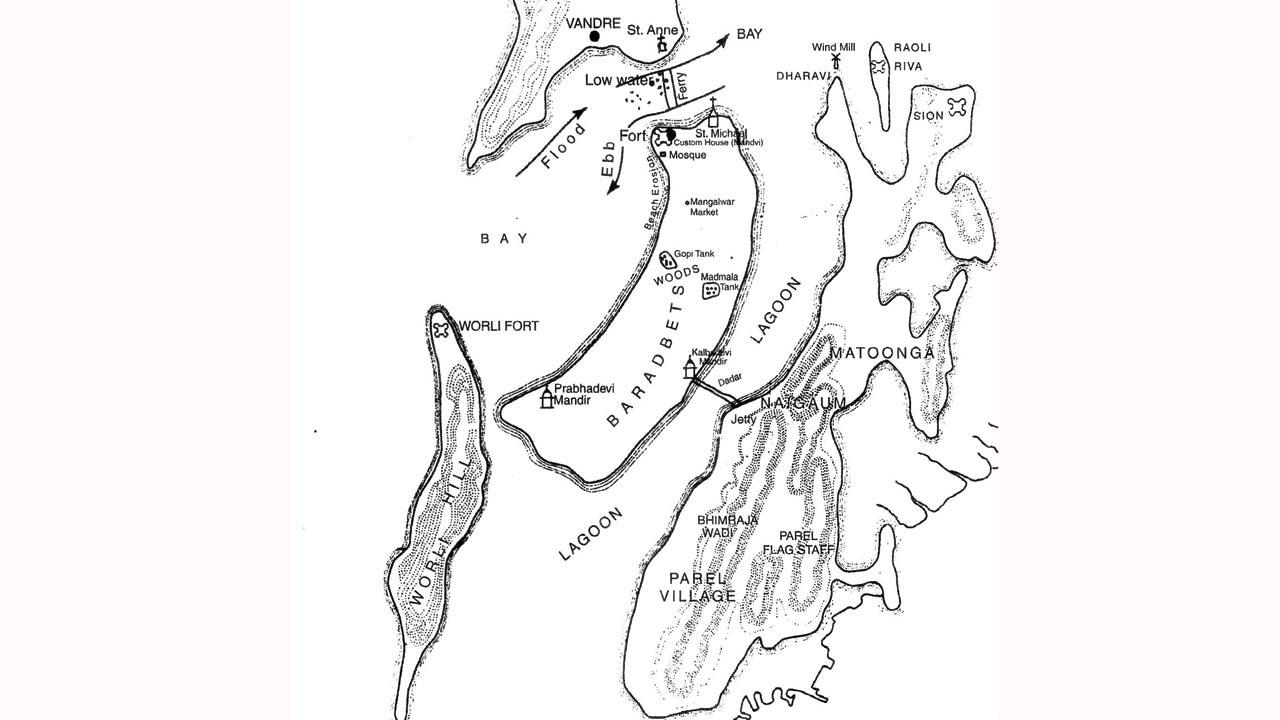 Mapping Mahim of the Past:  A map shows the pre-Mahim causeway archipelago of seven islands: Bombaim, Parel, Mazgaon, Mahim, Colaba, Worli and Old Woman’s Island. Kolis were among the first inhabitants who navigated between these islands separated by lagoons.