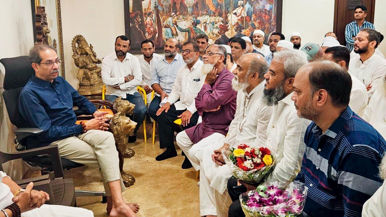 Shiv Sena (UBT) chief Uddhav Thackeray with the delegation of Muslims residents at Matoshree on Thursday
