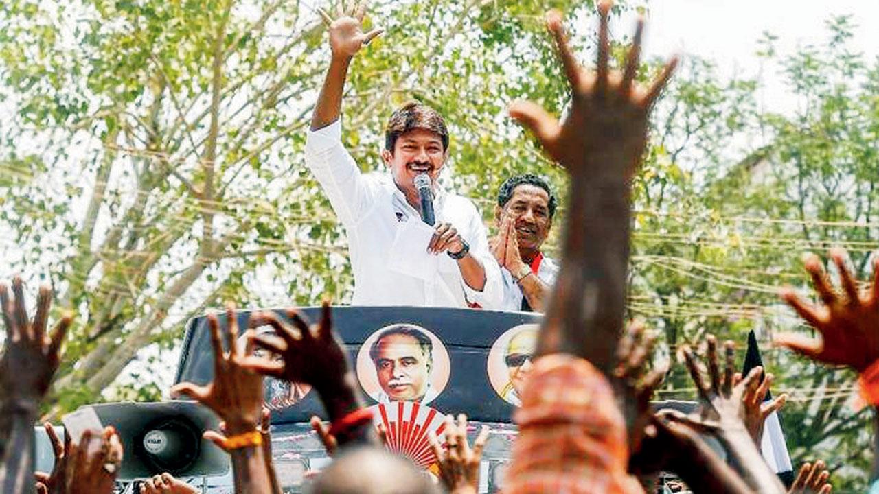 DMK leader Udhayanidhi Stalin during an election campaign rally. Pic/PTI