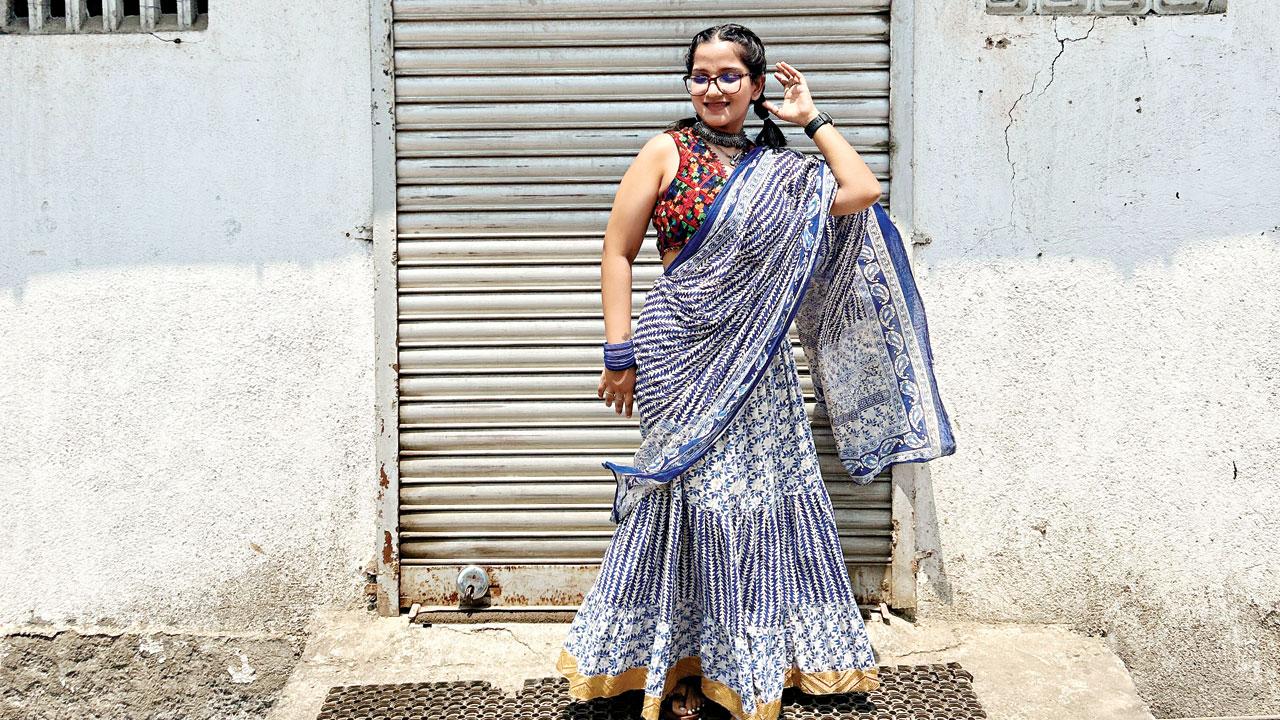 Fashion designer Vaishali Sagwekar wears a half-sari drape	