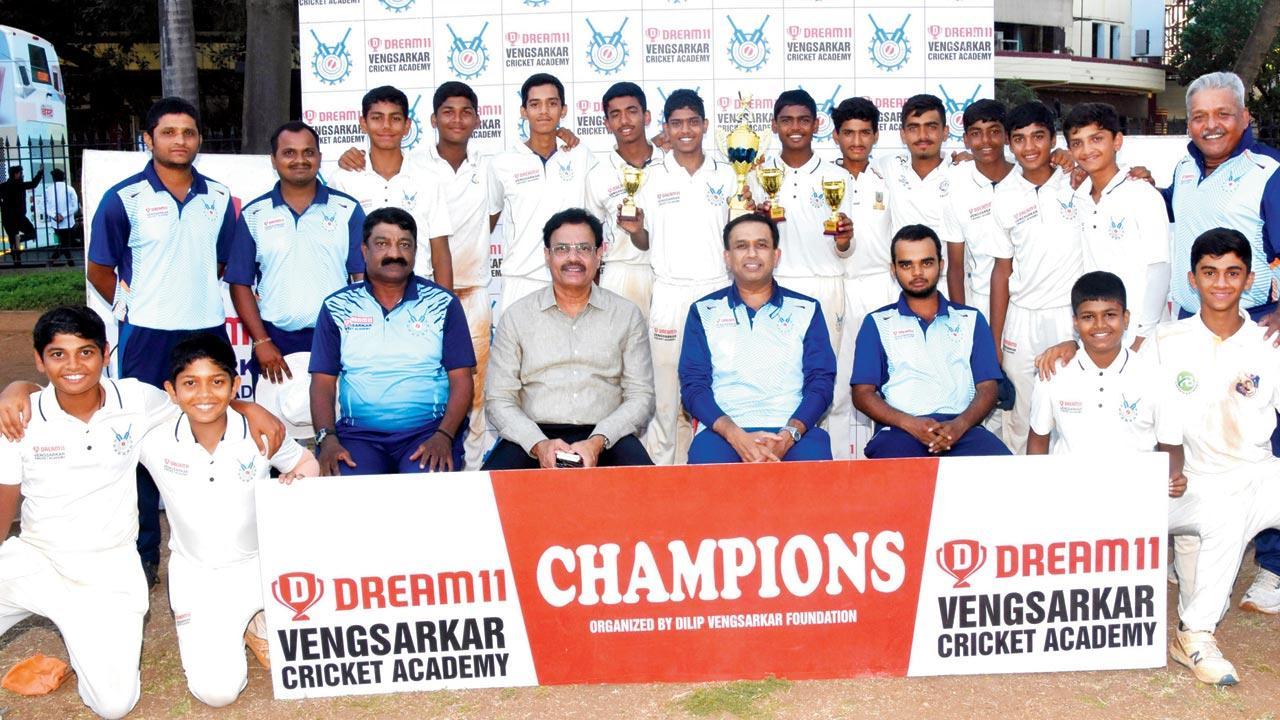 Vengsarkar Cricket Academy, winners of the U-16 Dream 11 Cup, with former India captain Dilip Vengsarkar (seated second from left)	