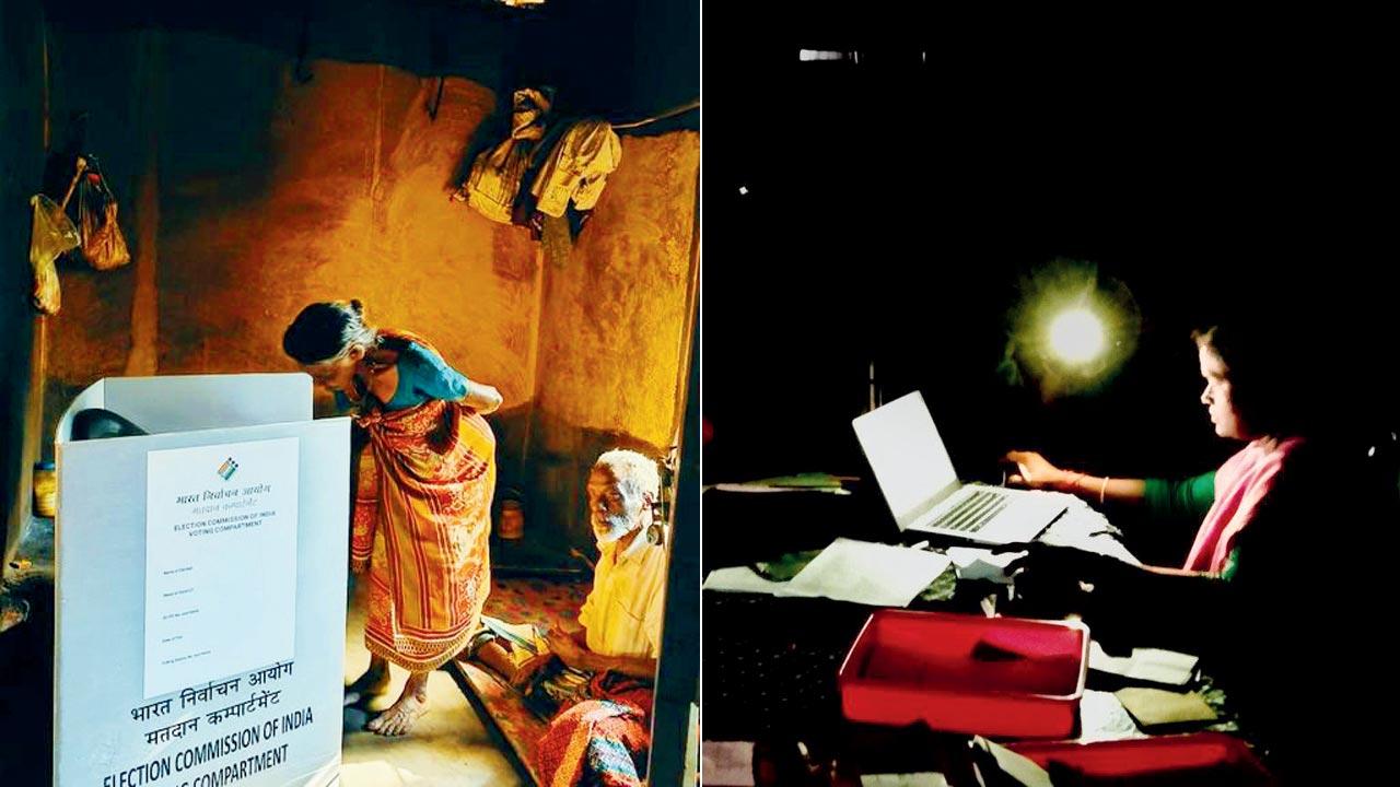 A senior-aged tribal woman and her husband cast their vote at their house; (right) An election officer works using a mobile flashlight